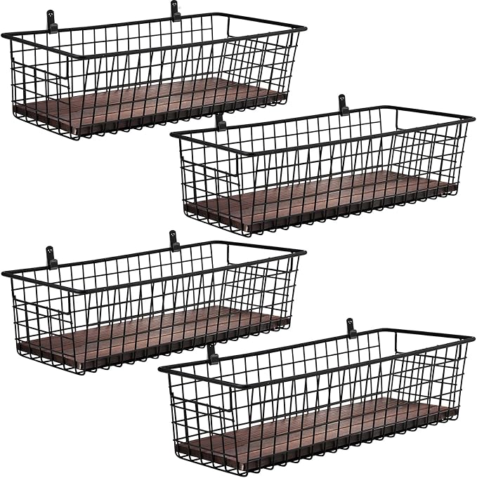 SheeChung [Extra Large Wall Storage Basket, Metal Hanging Basket, Black | Wooden Base & Handle, Portable Wire Farmhouse Food Organizer for Home Kitchen Bathroom Pantry Laundry Closet Garage RV,4 Pack - Image 2