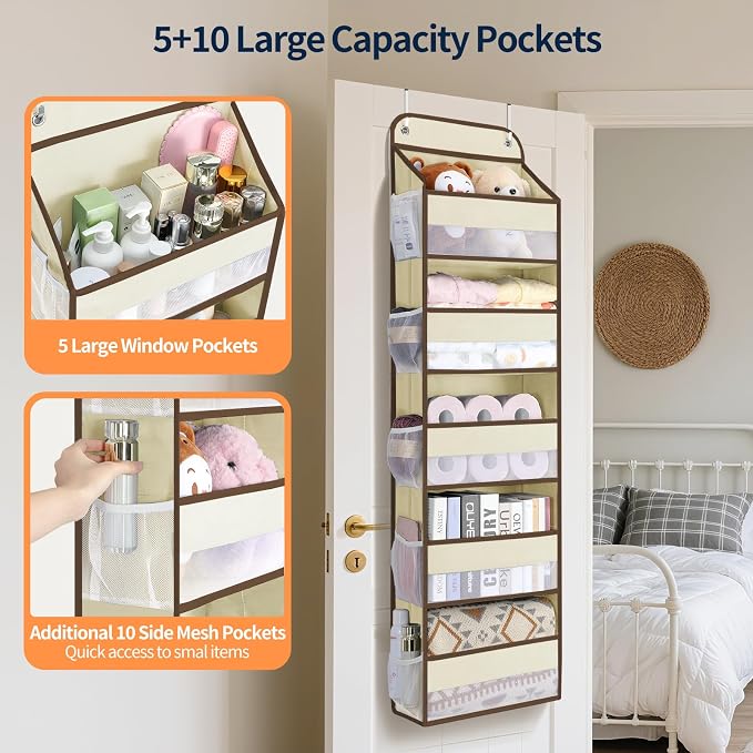 Yecaye Over The Door Organizer Storage, 5-Tier Heavy Duty Door Organizers Hanging with 10 Side Mesh Pockets, 44 lbs Load Capacity Behind Door Storage for Bathroom Nursery Bedroom Dorm Closet,Beige,1Pc - Image 2