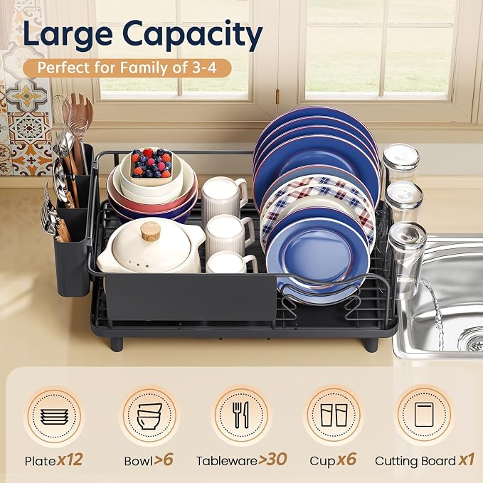 KINGRACK Dish Drying Rack for Kitchen Counter, Dish Drainer with Cup Holder | 16.9"L x 12.4" W Dish Rack with Spacious Drying Capacity, Quick Auto Dish Drainer for Plate Dish Dinnerware, Black - Image 2