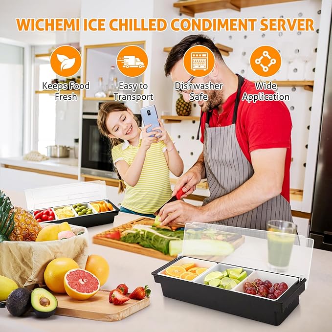 WICHEMI Fruit, Veggie & Condiment Caddy with Lid Dispenser Tray Plastic Garnish Station for Bartending & Serving Taco, Ice Cream, Salad Bar - Topping Organizer for Restaurant Supplies (4 Compartment+3 - Image 6