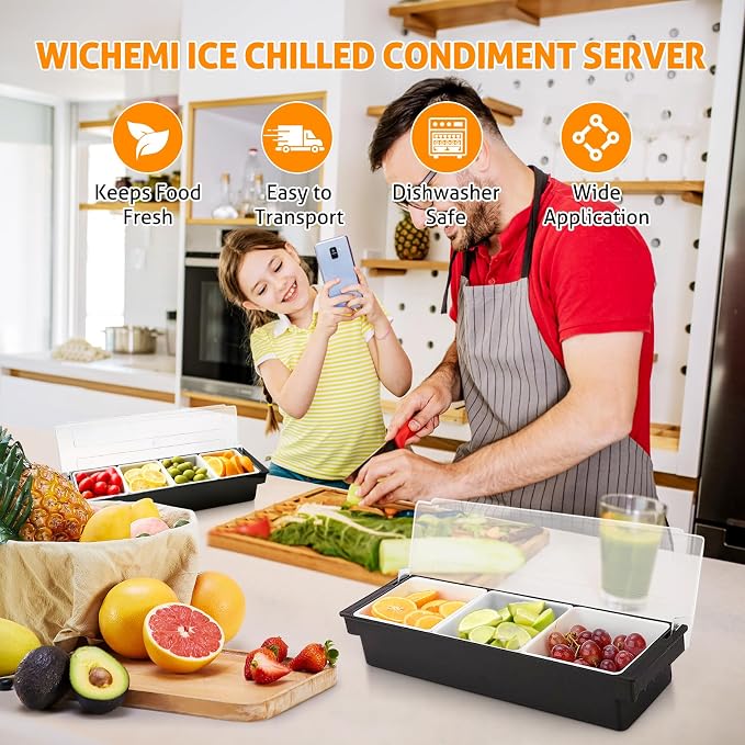 WICHEMI Ice Chilled Condiment Caddy with 3 Removable Trays and Lids | Condiment Container, Taco Bar Serving Tray, Fruit & Garnish Trays Serving Platter for Salad, Party Supplies & Bar Accessories - Image 5