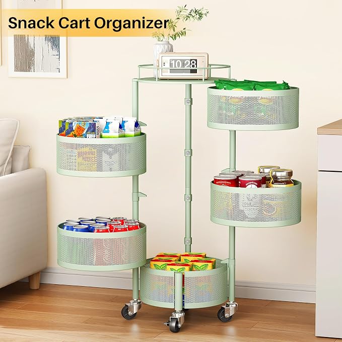 SNTD Fruit and Vegetable Basket Bowls for Kitchen with Metal Top Lid, 5 Tier Rotating Storage Rack Cart for Potato Onion Bread Banana, Wire Basket Organizer on Wheels, Large (Green) - Image 5