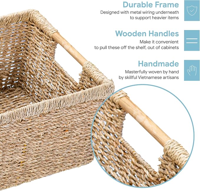 Large Wicker Basket Rectangular with Wooden Handles for Shelves, Seagrass Basket Storage, Natural Baskets for Organizing, Wicker Baskets for Storage - 3 Pack Large - Image 3