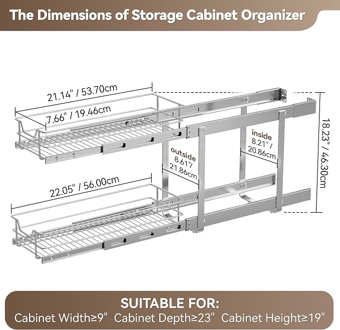 2 Tier Pull Out Cabinet Organizer 9" W X 22" D, Chromed, Full Slide Out | For Kitchen Organizers and Storage, Pull Out Drawers For Cabinets Capacity Heavy Duty Caddy, Cabinet Shelves, Bathroom Pantry - Image 2