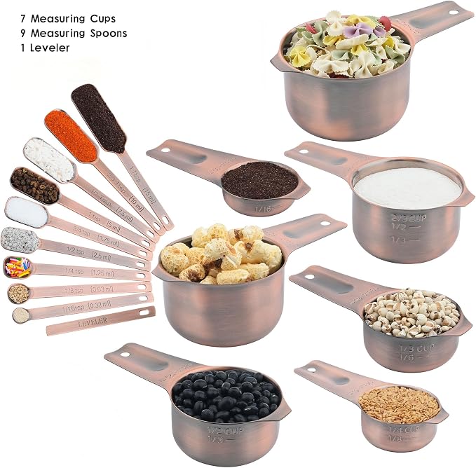 Copper Measuring Cups and Spoons Set 17, Stainless Steel 7 Measuring Cup and 9 Spoons for Dry & Liquid, Metric & US Metal Measuring Cups and Spoons Set &Leveler for Baking & Kitchen - Image 8