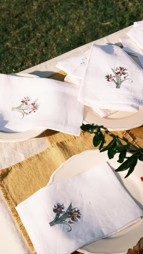 White Linen Napkins Set of 4-100% Pure Linen Embroidered Dinner Napkins 19 x 19 Inch for Spring, Summer Memorial Day - Botanical Embroidery (Lily Garden Collection) (Iris Garden Collection) - Image 3