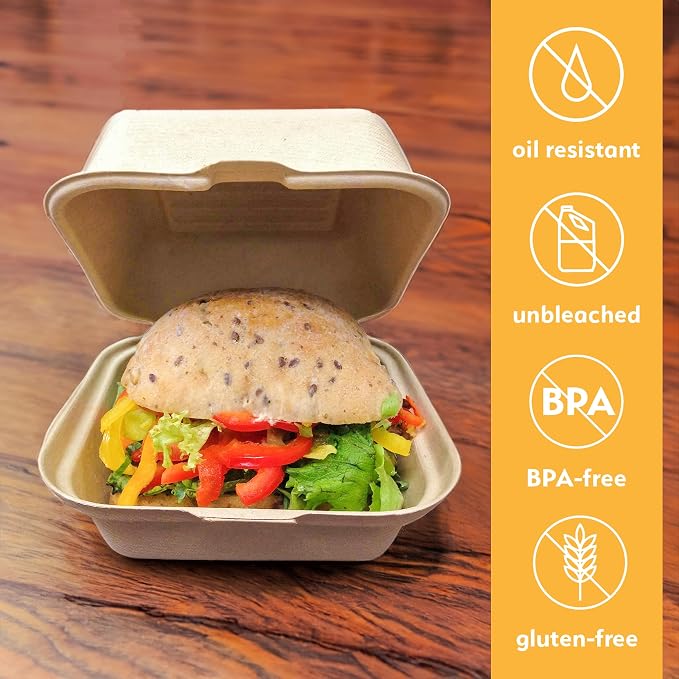100% Compostable Disposable Food Containers with Lids [6”X6” 50 Pack] Eco-Friendly Take-Out TO-GO Containers, Heavy-Duty, Biodegradable, Unbleached by Earth's Natural Alternative - Image 5