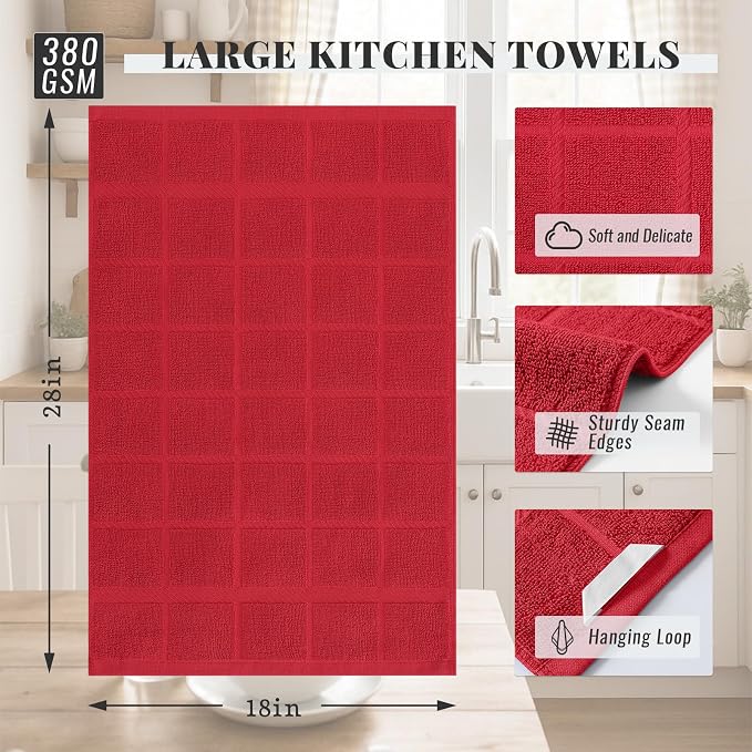 Homaxy 100% Cotton Kitchen Towels 18"x28", 6 Pack Dish Towels, Red | Large 380 GSM Soft and Absorbent Kitchen Hand Towels with Terry Grid Design, Utility Tea Towel Set with Hanging Loop - Image 2