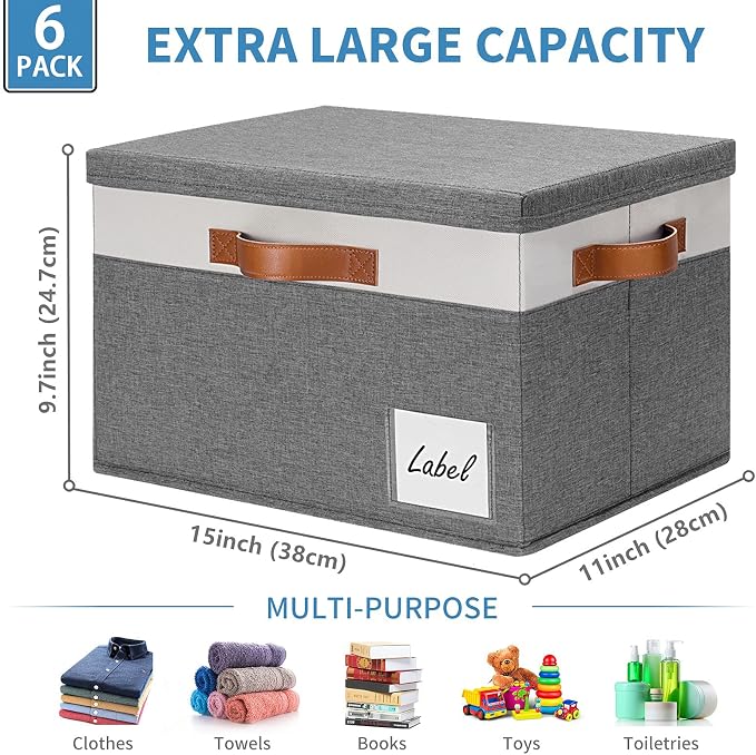 GhvyenntteS 6 Pack Fabric Storage Bins with Lid, Large Closet Storage Bins with Lid and 3 PU Handles, Foldable Fabric Storage Boxes with Label Window for Home Bedroom Office (Grey, Large) - Image 3