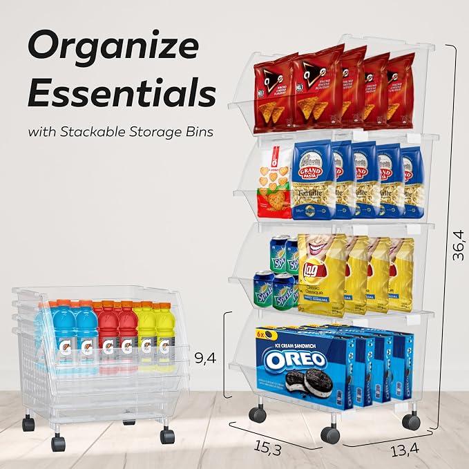 Large Stackable Storage Bins Open Front with Wheels, 8 Pack - Clear | Easy Assembly, Sturdy Plastic, Open Front Access, Smooth 4 Rolling Wheels, Stackable, Large Capacity Storage - Image 2