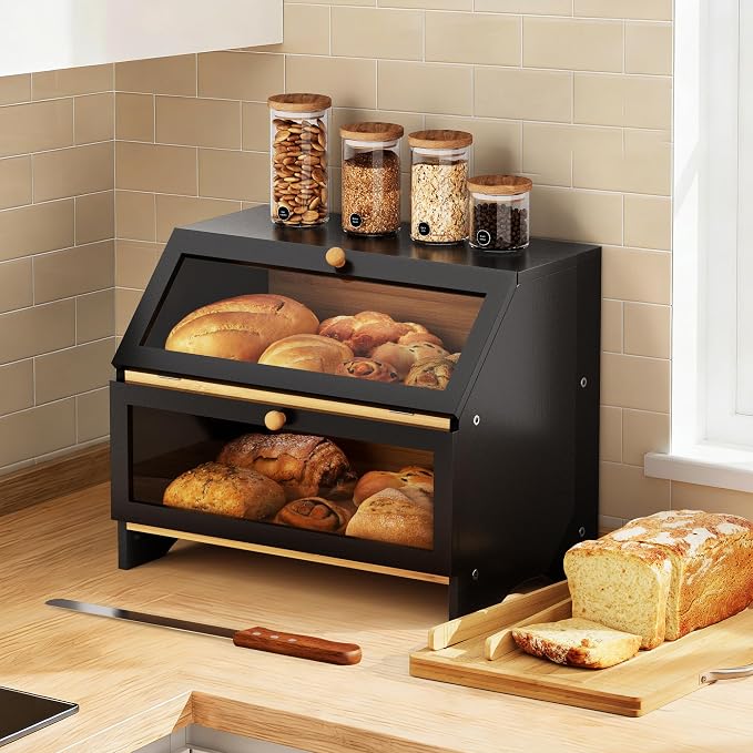 MAISONPEX Double Layer Bamboo Bread Box for Kitchen Countertop, Large Capacity, Cutting Board, Stainless Steel Bread Knife, Double Layer Storage Container with Clear Windows, Black - Image 8