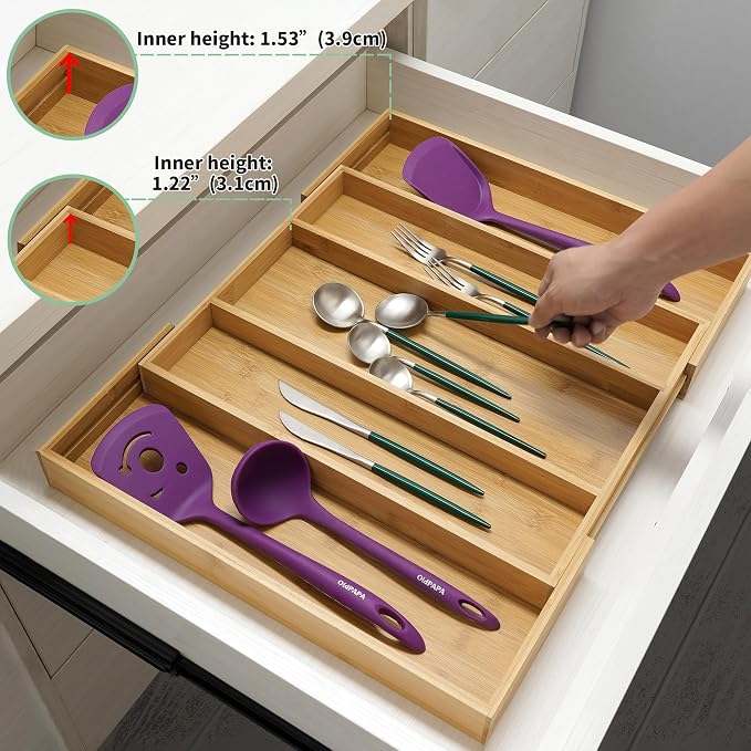 Utoplike Bamboo Expandable Kitchen Drawer Organizer Silverware Utensil Tray | Cutlery Holder, Drawers Divider for Large Utensils, Flatware, Knives, Spatulas in Kitchen, Office, Adjustable 3-5 Slots - Image 2