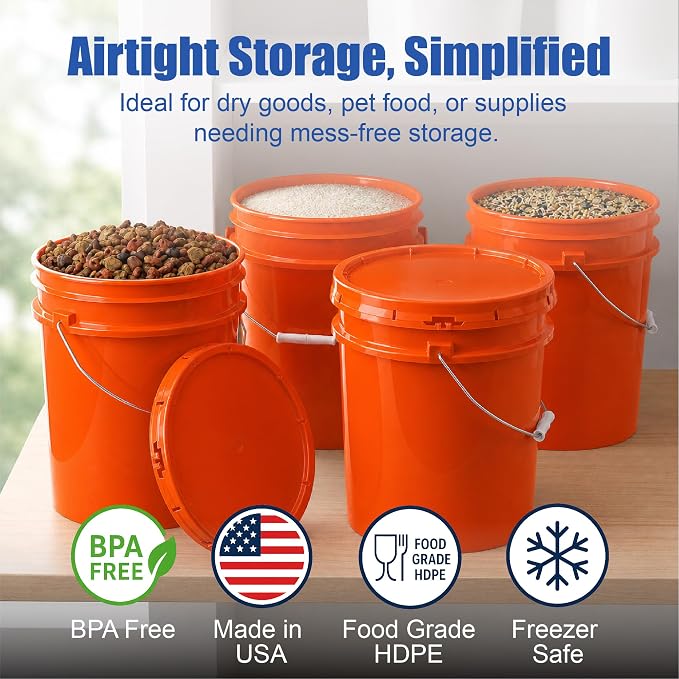 5 Gallon Bucket - Food Grade Bucket with Airtight Gasketed Tear Strip Lid, BPA-Free, Heavy-Duty 90 Mil HDPE Plastic Pail, Bulk Storage, Durable Container, Made in USA - Orange, 6 Packs | Airtight Gasketed Tear Strip Lid, Heavy-Duty 90 Mil HDPE Plastic ... - Image 2