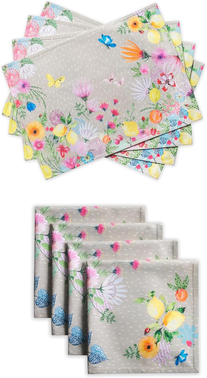 Maison d' Hermine Jardin D’ETE - Fog Bundle Set 100% Cotton Set of 4 Napkins (20 Inch by 20 Inch) and Set of 4 Place Mats (13 Inch by 19 Inch) by MaisondHermine