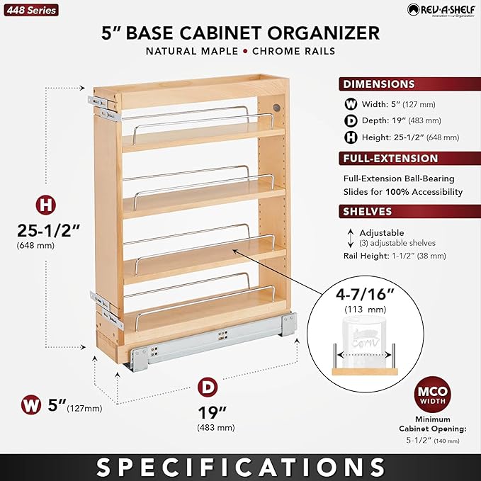 Rev-A-Shelf Maple Pullout Organizer for Full Height Base Vanity Cabinets, Full Extension Slides & Adjustable Shelves, Min Opening Width of 5.5",448-BC19-5C - Image 3