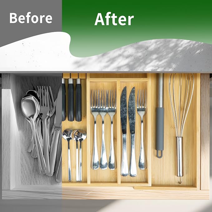 VaeFae Bamboo Silverware Drawer Organizer, 6 Slots, Natural | Expandable, Kitchen Utensil Organizer, Removable Knife Block, Cutlery Tray with Divider, Fork and Spoon Holder - Image 5