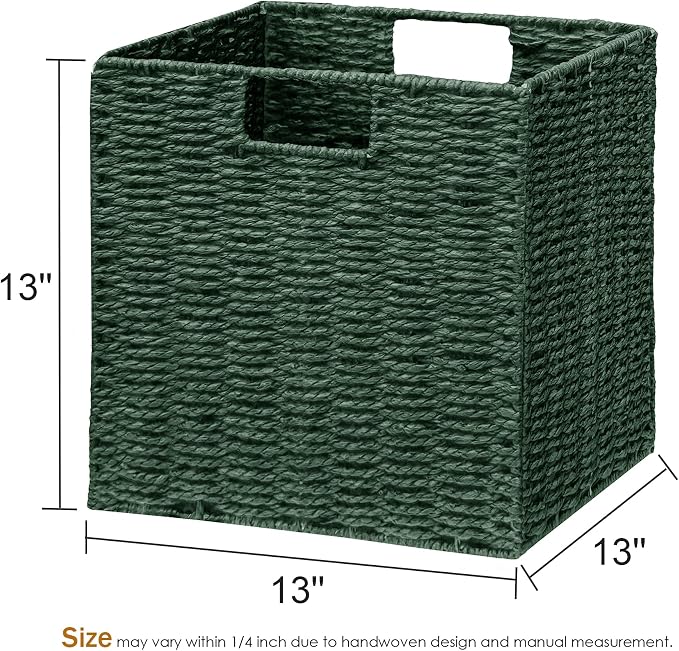Wicker Storage Basket, Set of 2 Hand-Woven Paper Rope Wicker Basket, Foldable Cube Storage Bins, Square Large Storage Baskets for Organizing Shelves & Decor, Orange (13″×13″×13″) - Image 2
