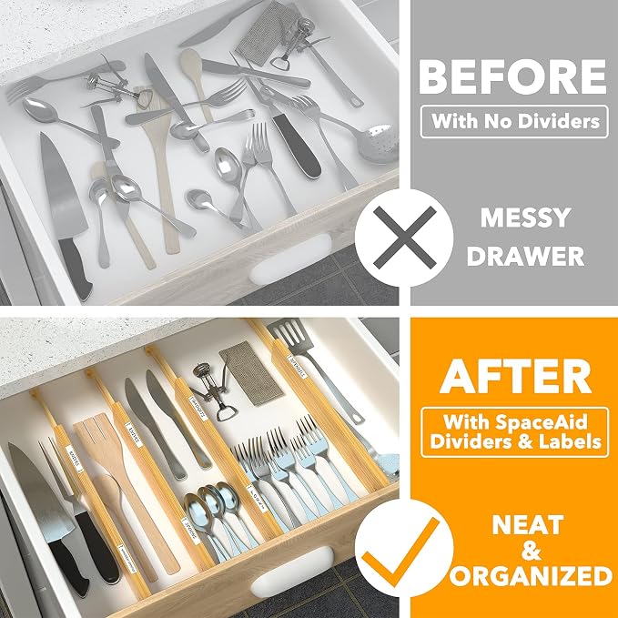 SpaceAid Bamboo Drawer Dividers with Labels, Kitchen Adjustable Drawer Organizers, Expandable Organization for Home, Office, Dressers and Bathroom, 6 Dividers (17-22 in) - Image 2