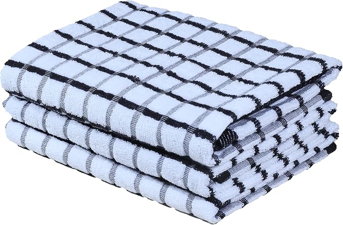 Urban Villa Kitchen Towels Black/White Set of 3 Terry Kitchen Towels 100% Cotton Ultra Soft Size 20X30 Inches Highly Absorbent Over Sized KitchenTowels with Hanging Loop KitchenTowels by CottonTrends