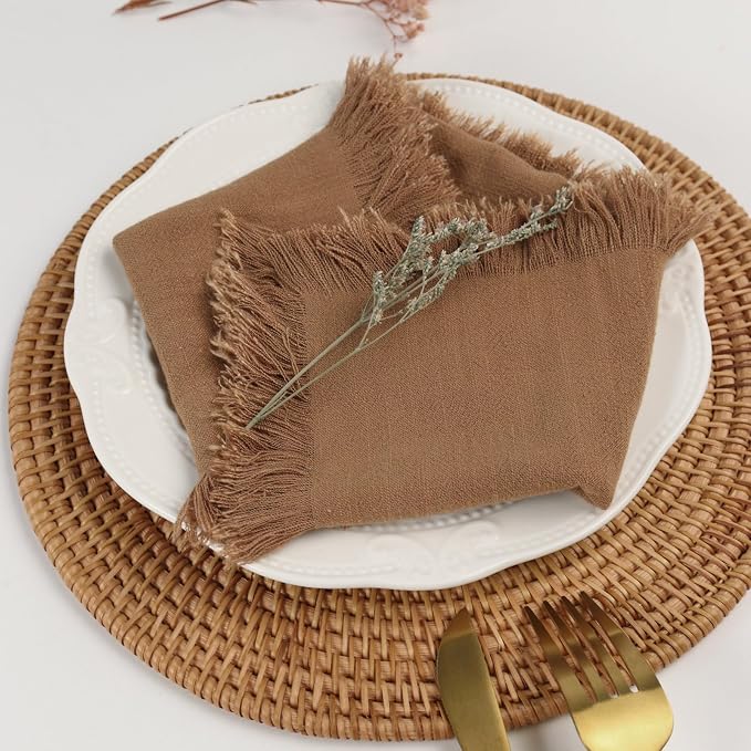 Handmade Cloth Napkins with Fringe,18 x 18 Inches Cotton Linen Napkins Set of 6 Versatile Handmade Square Rustic Fringe Napkins for Dinner, Wedding and Parties, Taupe - Image 3