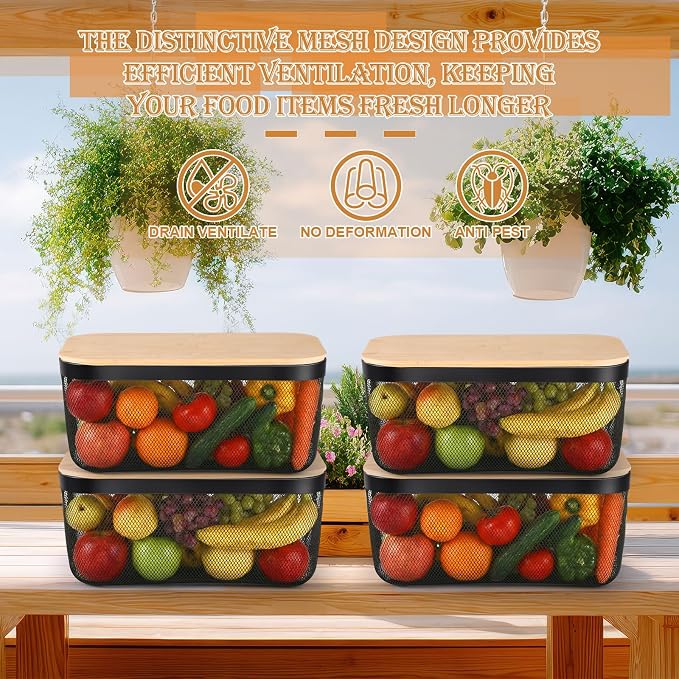 Sawysine 4 Pcs Metal Mesh Steel Basket with Handles and Bamboo Lids 16 x 9.8 '' Stackable Black Wire Basket Pantry Organization and Storage for Cabinets Shelves Kitchen Harvest - Image 6