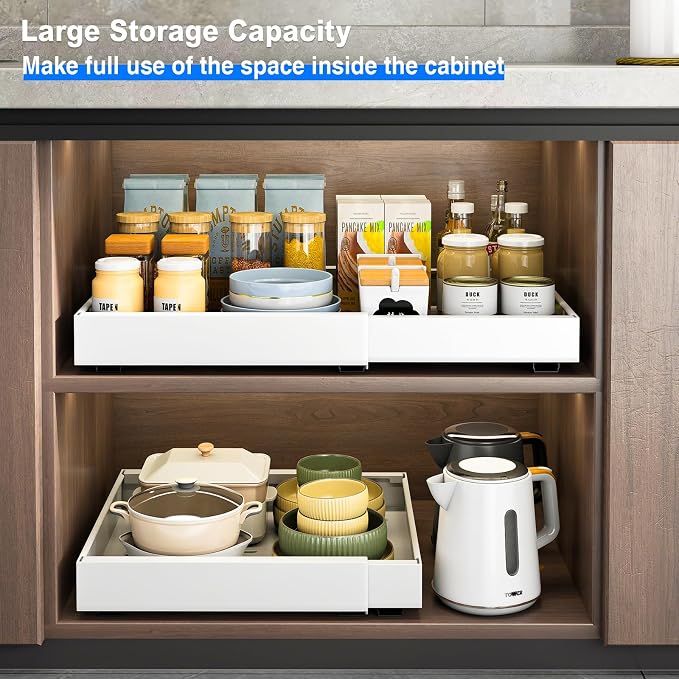 Mustorn 2 Pack Pull Out Cabinet Organizer, Expandable Slide Out Drawers for Kitchen Cabinets Peel and Stick Pullout Drawer Heavy Duty Sliding Shelves for Cupboard, Pantry, Bathroom(16.5" Deep, White) - Image 4