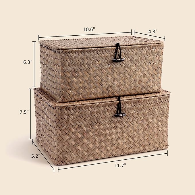 Nonam Storage Basket with Lid, Natural Seagrass Bin with Lid Set of 2, Shelf Baskets Multipurpose Container for Boho Decoration, Rectangular Household Storage Boxes for Home Organization-Coffee - Image 2