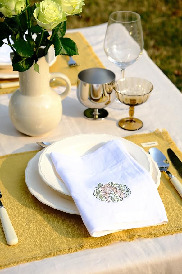 White Linen Napkins Set of 4-100% Pure Linen Embroidered Dinner Napkins 19 x 19 Inch for Spring, Summer Memorial Day - Botanical Embroidery (Garden Harvest Collection) - Image 3