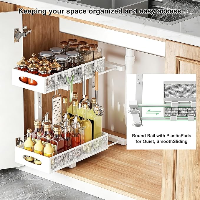 Under Sink Organizer, 2 Tier Pull Out Cabinet Storage, White | Rustproof Carbon Steel, Mesh Sliding Drawers, 5-Level Height Adjustable to Bypass Pipes, for Kitchen, Bathroom, Laundry - Image 5