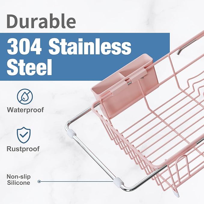 JASIWAY Pink Dish Drying Rack in Sink, Dish Drainer with Utensil Holder | Over The Sink Expandable Stainless Steel Strainer Dryer Rack for Small Kitchen, Counter Space Saving, Fast Drain, Rustproof - Image 3