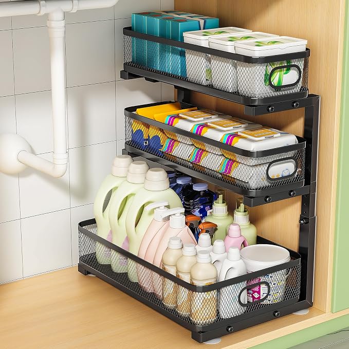 3-Tier Under Sink Organizer, Pull Out Cabinet Organizer for Kitchen & Bath | Height Adjustable, Heavy Duty Carbon Steel Holds 60 lbs, Rust-Proof Fits Kitchen Cabinet, Bathroom, Pantry & Laundry by Unknown