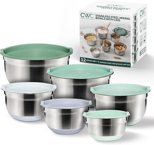 COOK WITH COLOR Stainless Steel Mixing Bowls Set with Lids - Nesting Bowls with Non-Slip Bottom, Sage, 12 Pieces by CookwithColor