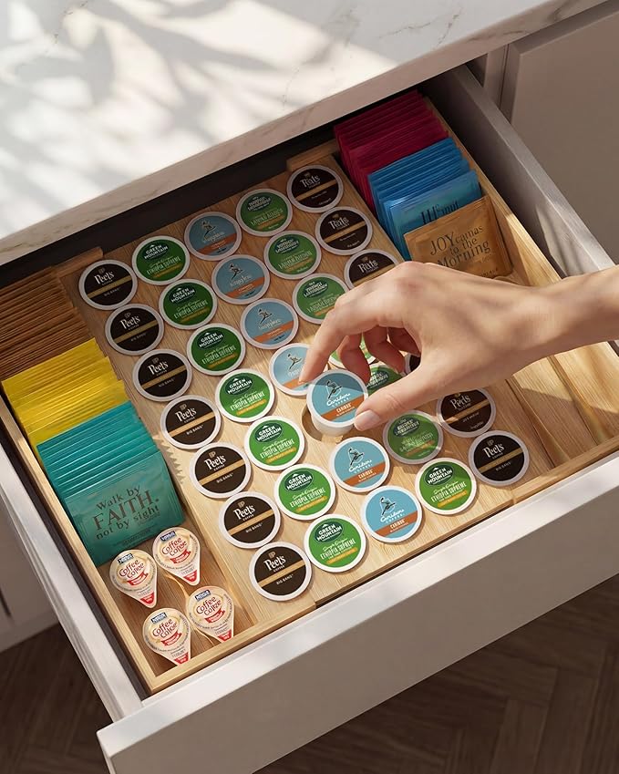 Expandable Bamboo Coffee Pod Drawer Holder 35 Pods | 11.6-19.8" W x 15.36" D x 2.37" H, Compatible with K Cup, keurig Pod Organizer Tea Bag Storage for Countertop Display - Image 3
