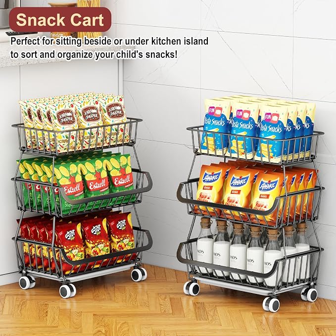 3-Tier Rolling Pantry Cart with Wheels, Stackable Wire Storage Floor Organizer for Kitchen Pantry Snack Shelves, Fruit Basket Stand, Vegetable Storage Rack for Food Snacks Onion Potato - Image 5