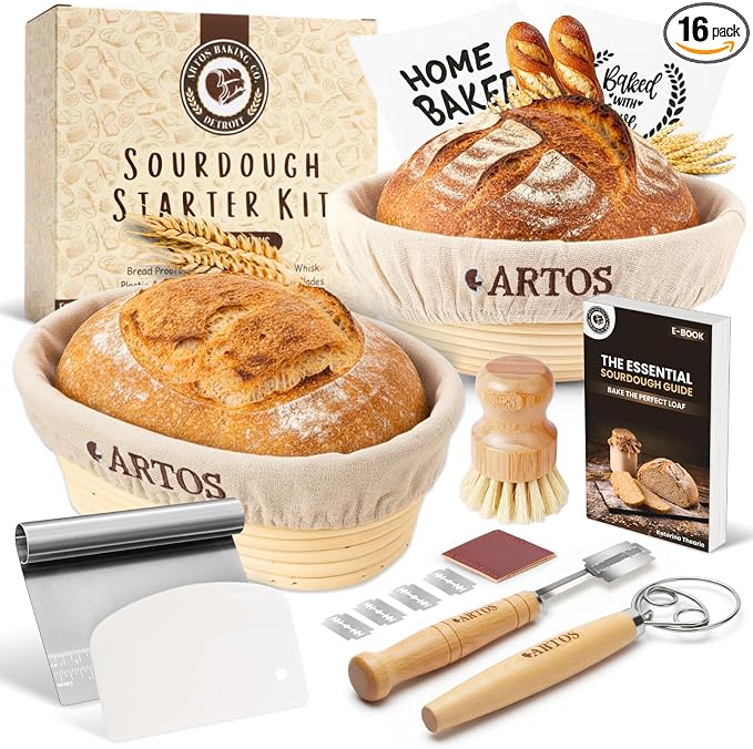 Sourdough Starter Kit | 9" Round & 10" Oval Banneton Bread Proofing Baskets | Sourdough Bread Baking Supplies with Dough Whisk, Scrapers Bread Lame, Cleaning Brush, Detailed Guide & Recipes by AuraVille