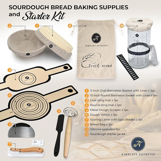 Premium Banneton Bread Proofing Baskets - A Complete Sourdogh Bread Baking Kit - Sourdough Starter Jar Kit 1000ml, Round and Oval Slings - Image 2