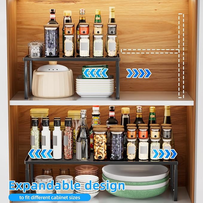 Cabinet Shelves, 2 Pack Stackable Shelves for Pantry Storage | Expandable & Height Adjustable Cabinet Organizer Shelf | Metal Shelf Organizer | Black Spice Rack for Pantry Storage - Image 5