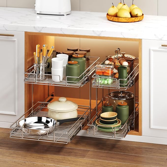 2 Tier Individual Pull Out Cabinet Organizer 19½" W x 21½" D, Heavy Duty Cabinet Pull Out Shelves, Slide Out Drawers Organization for Kitchen Cabinets Bathroom - Image 6