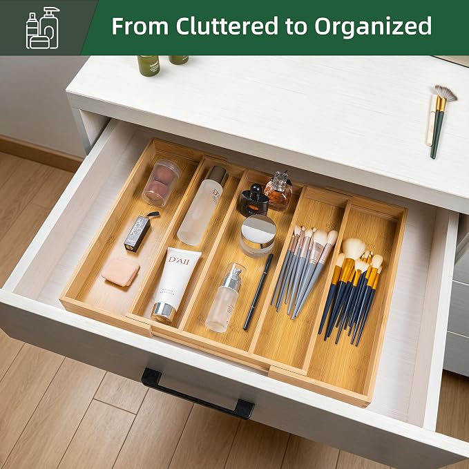 Utoplike Drawer Organizer Kitchen Utensils, Expandable Bamboo Cutlery Tray | Extendable Silverware Holder for Drawer, Flatware Caddy for Organized Kitchen, Apartment and RV, 3-5 Slots - Image 5