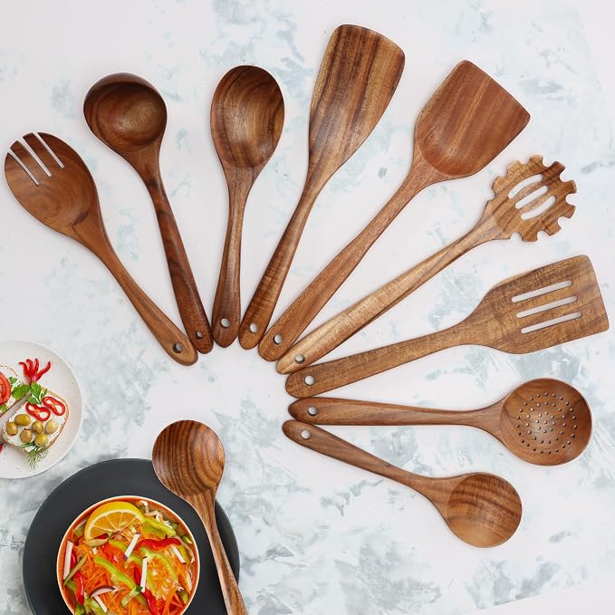 Zulay Kitchen 9-Piece Teak Wooden Utensils for Cooking - Natural Teak Utensil Set with Premium Gift Box - Non-Stick Wooden Spoons for Cooking - Kitchen Gift Set - Comfortable Grip Wooden Utensil Set - Image 9