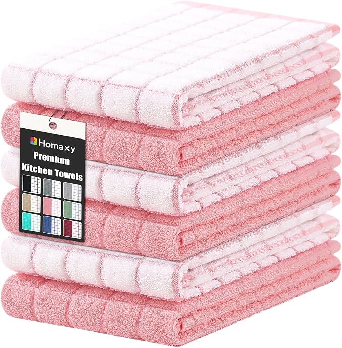Homaxy Large Premium Cotton Kitchen Towels 16"x 28", 6 Pack, Pink | Natural Ring Spun 390 GSM Dish Towels, Super Absorbent Terry Kitchen Hand Towels, Soft Tea Towels with Hanging Loop by Homaxy