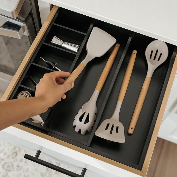 Utensil & Junk Drawer Organizer, 10.5-19 in, Black Bamboo | Food-safe contract grade, 100% sustainable wood, non-slip, adjustable - Image 7