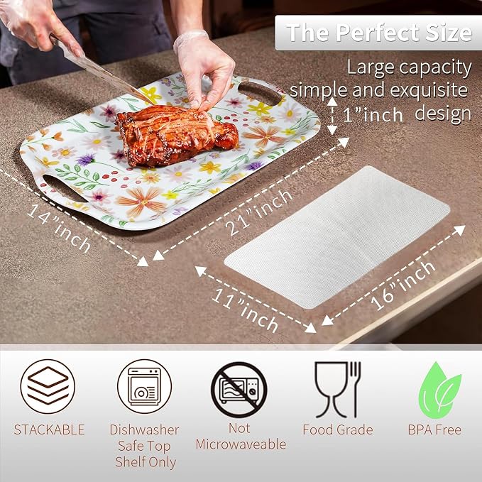Extra Large Melamine Platters, Serving Tray with Handles for Cookie, Cupcakes, Desserts, Dishwasher Safe, Ottoman Tray Decor, Set of 2, 2 pcs Mats Included (Cottagecore Flower, 21''x14'') - Image 2