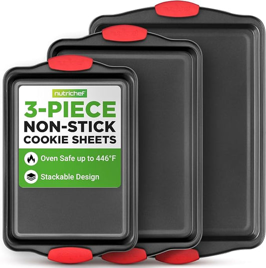 NutriChef 3-Piece Cookie Sheets for Baking, Non-Stick Baking Pans Set with Silicone Handles, Stackable Oven Trays in Small, Medium & Large Sizes for Professional and Everyday Use, 2026 Edition by NutriChef%E2%84%A2Kitchen