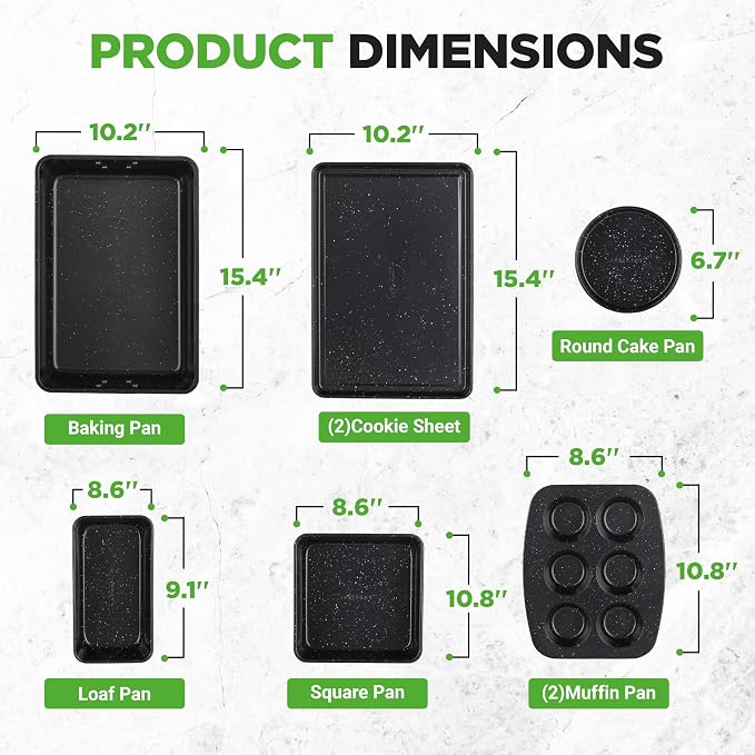 NutriChef 8-Piece Stackable Bakeware Set - Carbon Steel Non-Stick Baking Pan Set, Sheet, Muffin, Round, Loaf, Square Cake & Deep Pans, 450°F Heat Resistant, Standard & Convection Ovens (Black Marble) - Image 6