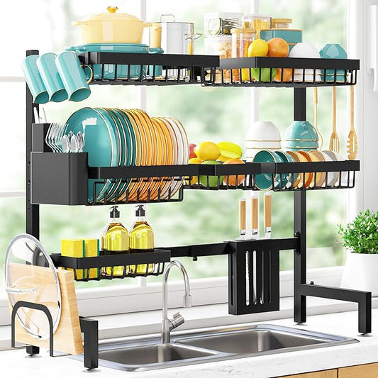 Sakugi Over The Sink Dish Drying Rack - Adjustable 3 Tier XX-Large Capacity Stainless Steel Drainer with Cutlery & Utensil Holders, Kitchen Storage & Organization, 31.5"-39.5"L x 12"W x 30.5"H, Black by Sakugi