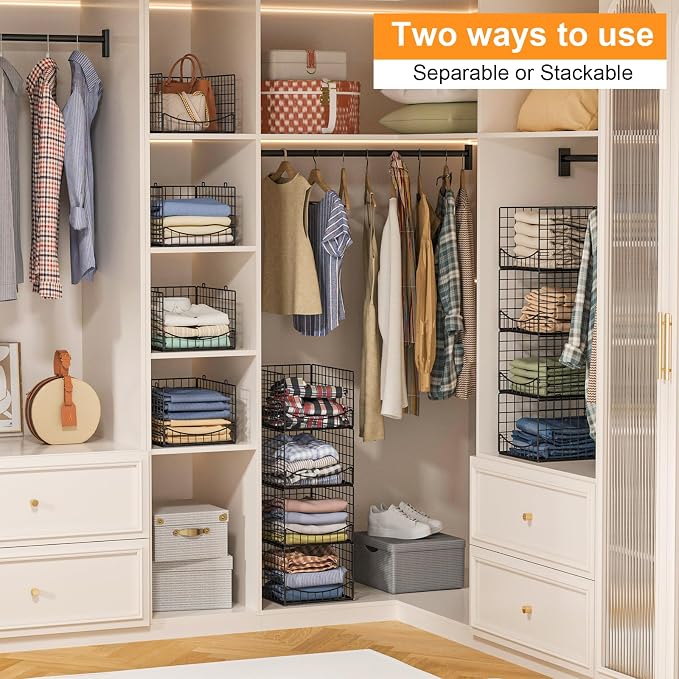 Hongtamoya 4-Tier Stackable Closet Organizers and Storage Shelves, Clothes Storage Basket, Clothes Shelf Organizer Sweater Organizer Bins Container for Wardrobe Kitchen Bathroom Office, Black - Image 2
