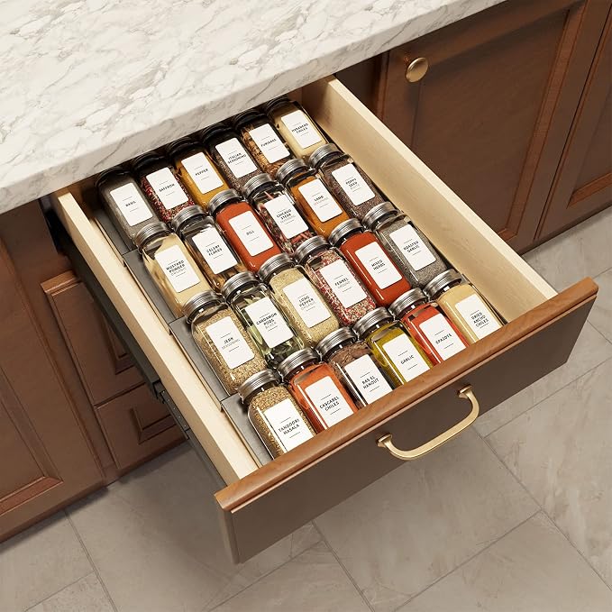 SpaceAid Pull Out Spice Rack Organizer for Cabinet, 2 Drawers 2-Tier, 24 Pcs Spice Jars with Labels - Image 6