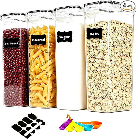 4pk 2.8L Airtight Containers, Clear Stackable Dry Food Storage | 4pk 2.8L airtight canisters with sealed lids block moisture. Sturdy plastic, stackable for kitchen pantry dry food by stusgo