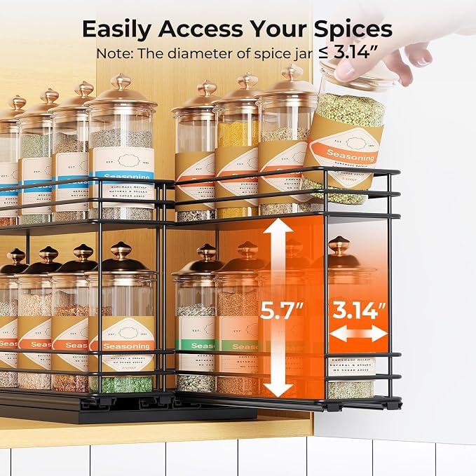 Mystozer Pull Out Spice Rack Organizer for Cabinet, Slide Out Spice Racks, Easy to Install, 7.08" Wx10.43 Dx8.26 H, 2 Drawers 2 Tiers(Black) - Image 5